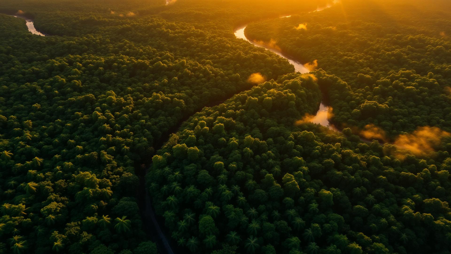 Vista aérea da Amazônia brasileira ao pôr do sol